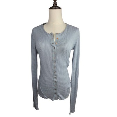 Free People Going Places Cardi Top M Pearl Blue Waffle Knit Snap Coquette NWT