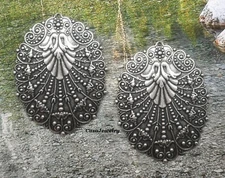 #0126 ANTIQUED .925 STERLING SILVER PLATED FILIGREE OVAL W/TOP HANG HOLE - 2 Pcs