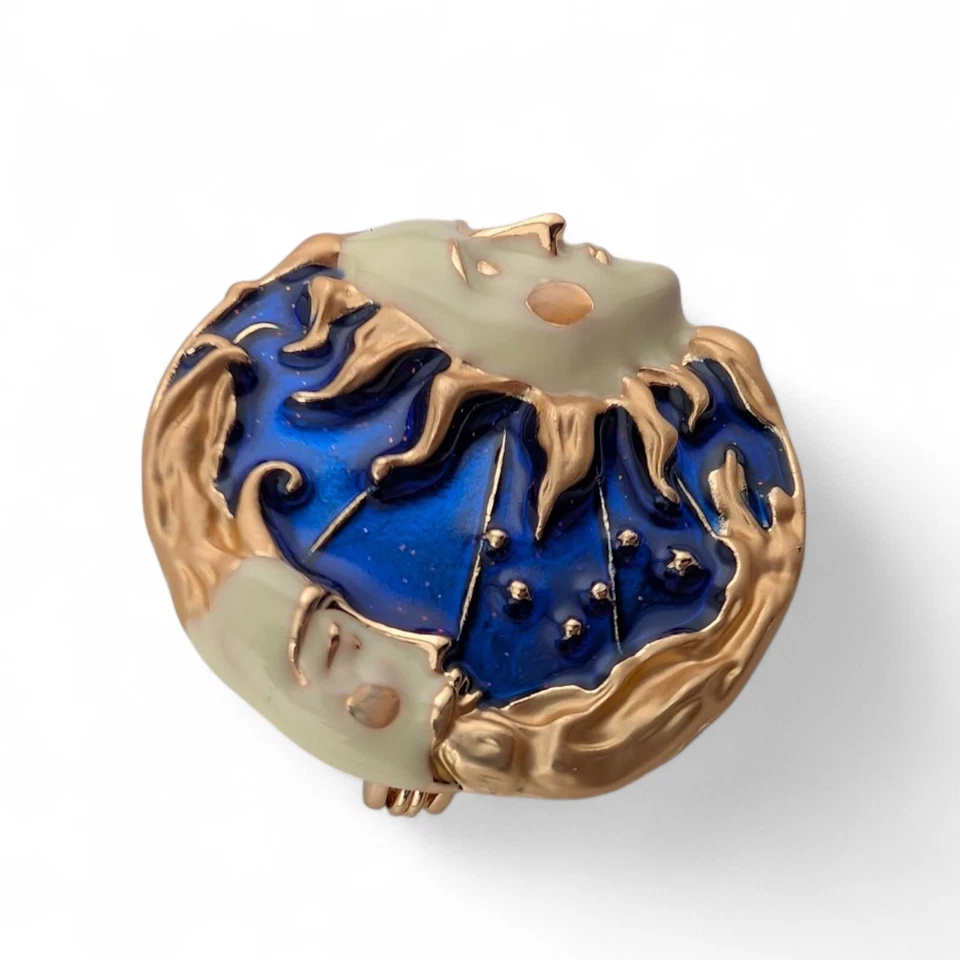 Broche CELESTIAL SOL LUNA cara años 90 retro azul, dorado y marfil esmalte pin G1 Foto 4 de 4