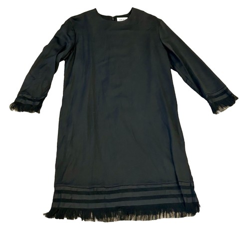 DKNY Shiny Black Stretchy Shift Dress Body Con Long Sleeves Fringed Hem Sz 12-14 - Picture 8 of 10