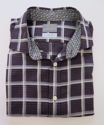 Thomas Dean Long Sleeve 100% Cotton Purple Checks Flip Cuffs Casual Shirt XL