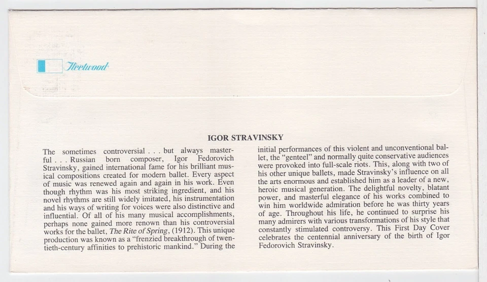 TurtlesTradingPost- Igor Stravinsky- Composer 1982 #1845 Fleetwood Cachet FDC - Image 2 of 2