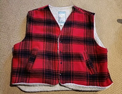 Vtg UsA Sherpa Lined Canyon Guide Outfitters Vest Buffalo Plaid Wool Blend  XL