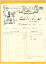 GRENOBLE (38) USINE de CHAPEAUX de PAILLE "MATHIEU & GAVET" Relevé Facture 1901