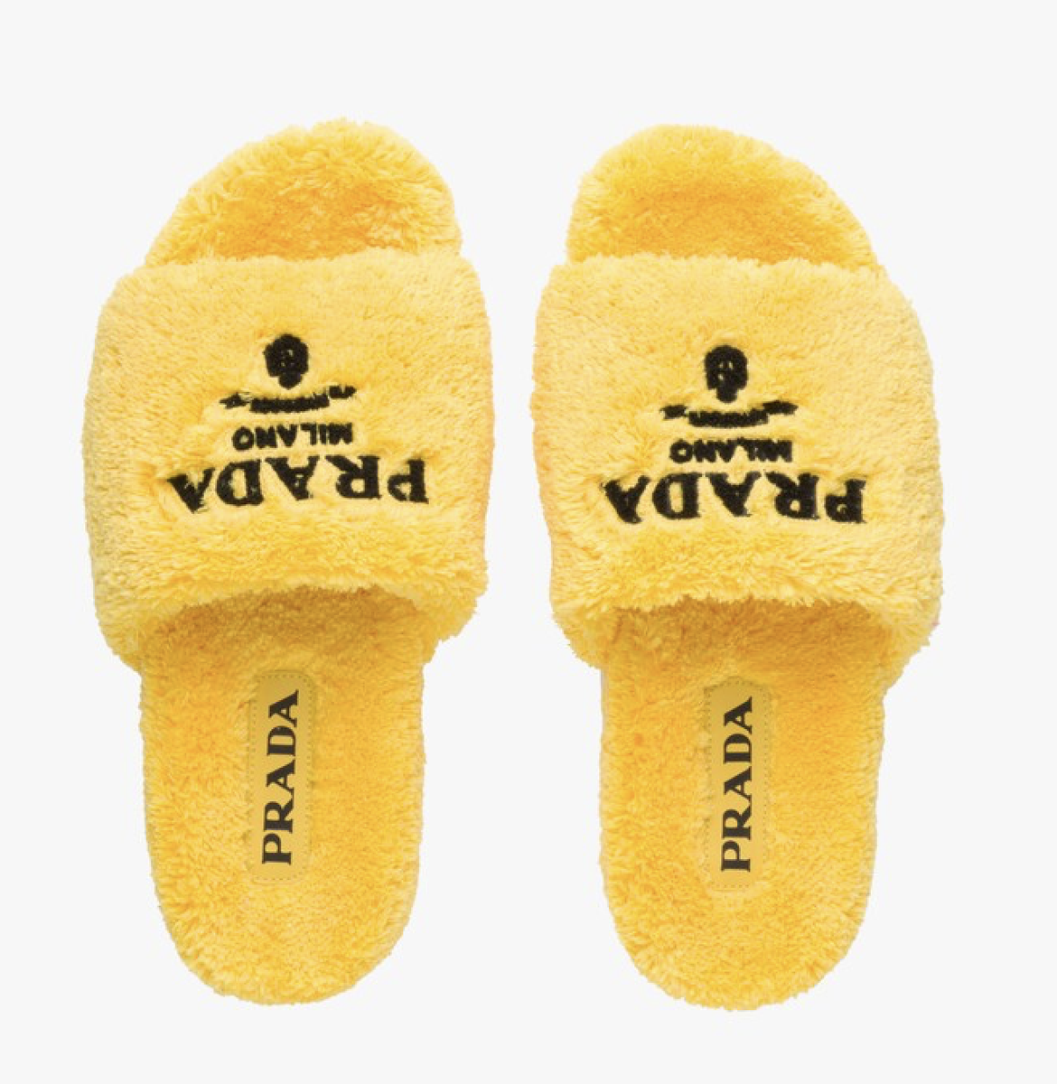 Prada Yellow Terry Cloth Black Logo Slide Sandal Rubber Sole Flip