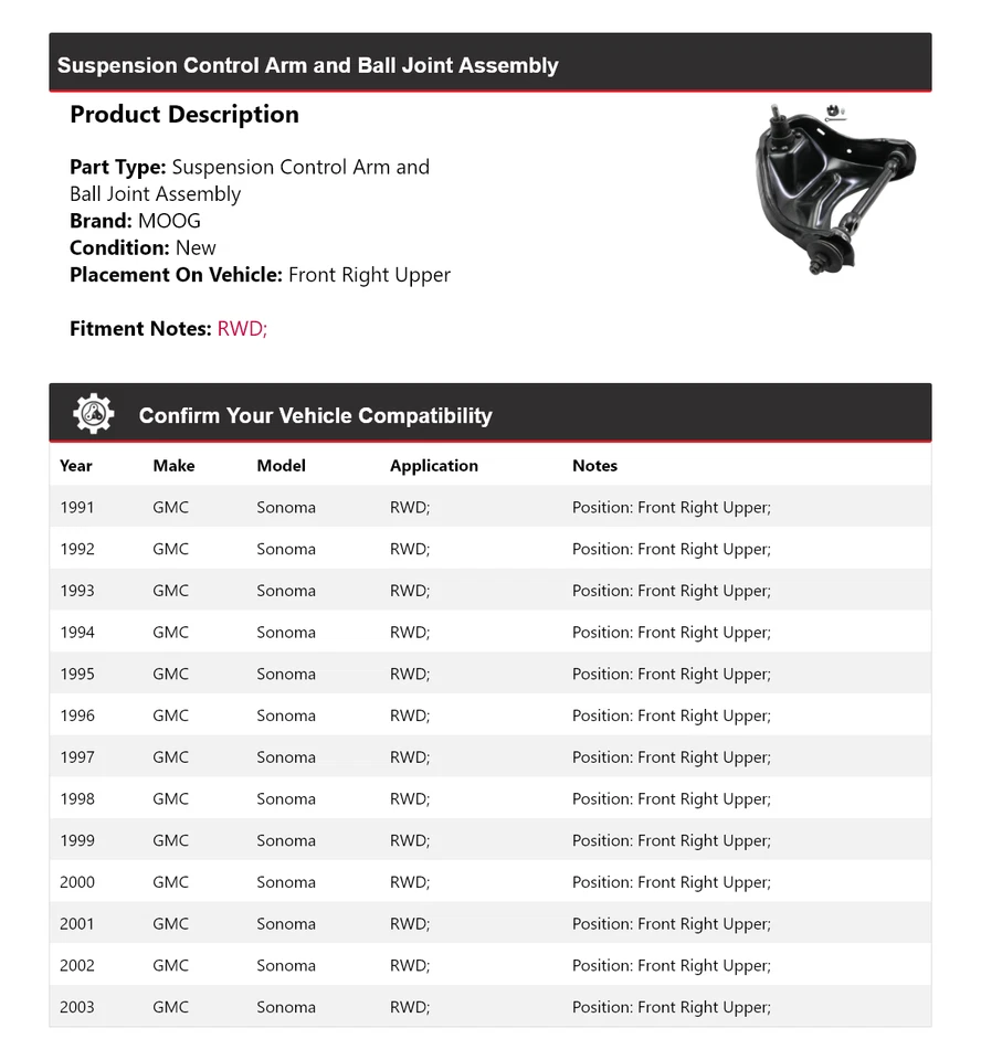 Brazo de control delantero derecho superior MOOG 1991-2003 GMC Sonoma tracción trasera 1991 1992 1993 Foto 2 de 4