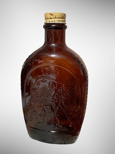 Vintage Blockhaus Sirup Bernstein Braun Glas Flasche Spirituose von 1776 Gedenkmünze