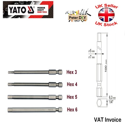 Yato Professional lange Sechskant-Bits Länge: 100 mm (4'') 3 4 5 6 oder 4er Set YT-0494-5