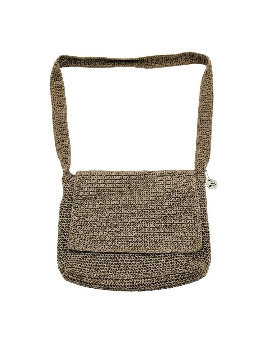 The Sak Crochet Purse Crossbody Shoulder Large Bag Beige Brown HandBag 10” X 13”