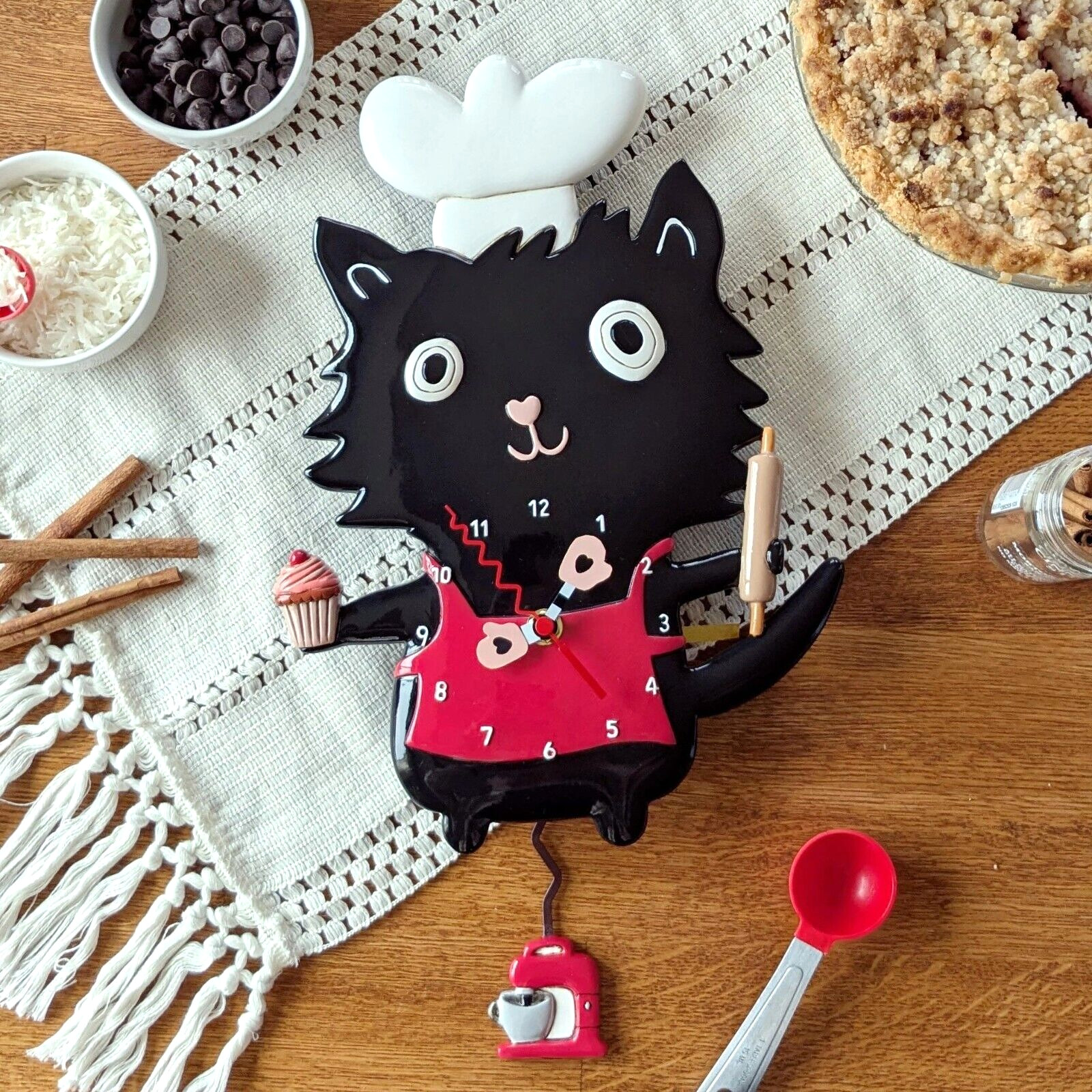 ღ New ALLEN DESIGNS WALL CLOCK Swing Pendulum BLACK CAT Ch