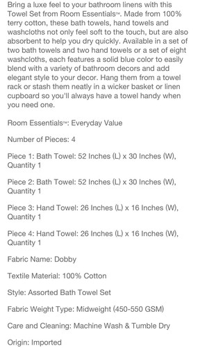 Room Essentials Bath and Hand Towels Set, 100% Cotton, 4 piece set, Blue - 第 5/5 張圖片