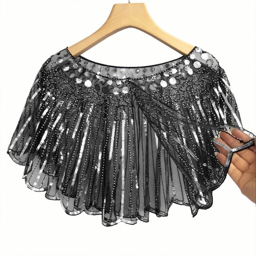 Femme Sequin Perlé Cape Boléro Châle Enveloppant Rétro Banquet Mariage Fête - Foto 5 di 13