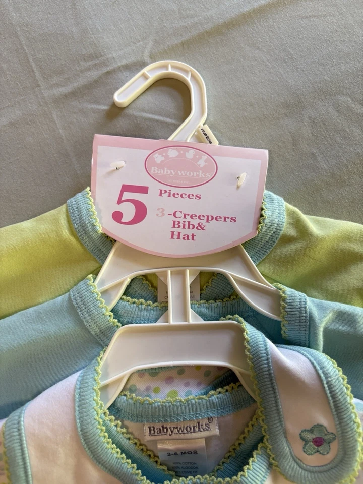 5 шт. Babyworks размер 3-6 месяцев с 3 Creepers, нагрудник и шляпа ~ кролик тема нагрудник - Изображение 3 из 4