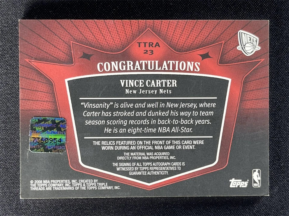2008 Topps Triple Threads Vince Carter #23 Patch Jersey Autographs Auto /9 - Image 2 of 2