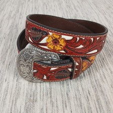 Nocona Belt Women's Medium Brown Flower Embossed Overlay Western Tooled Leather
