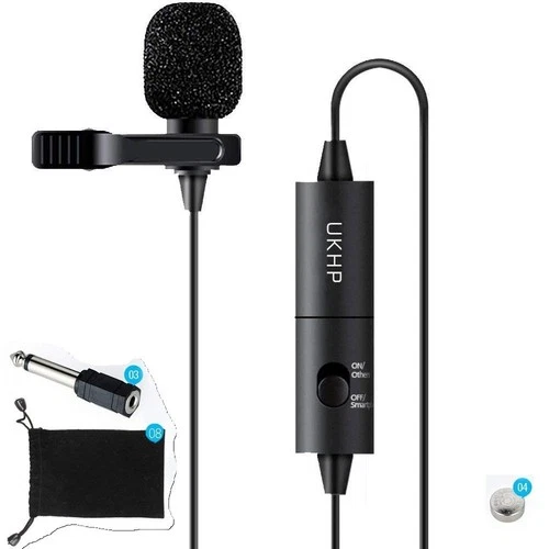 UKHP 6M Lead 3.5mm Lavalier Microphone w/ 6.35mm Adapter & Pouch for Phone DSLR