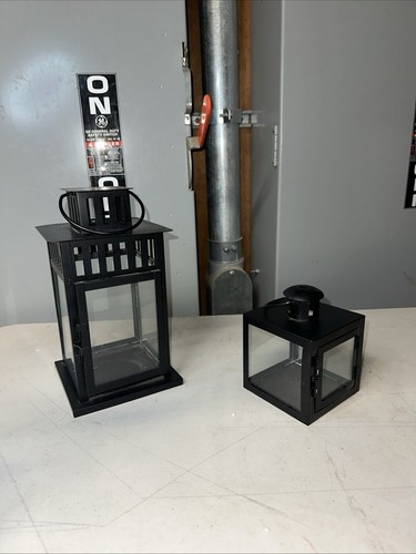 Set of 2 Black Metal Lanterns with Glass Panels and Used Candle – Rustic Decor - Picture 2 of 5