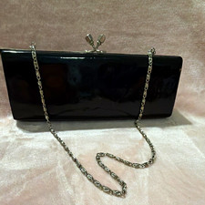 Women's Vintage Black Patent Clutch Purse Kiss Lock w/ Detachable Chain Strap
