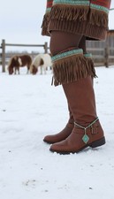 Western Women Boot Toppers Pair Brown Long Faux Leather Fringes Turquoise Beads