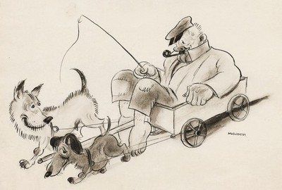 Josef Mauder - Old Man Whistle Whip Dogs Wheelbarrow Drawing Signed