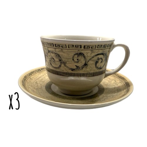 Set of 3 Johnson Brothers Acanthus Cream Ceramic Teacups & Saucers