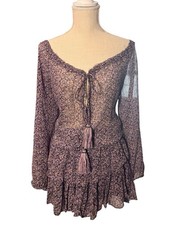 LoveShackFancy Silk Floral Boho Peasant Mini Dress Tassel Tie Size L