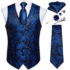 Mens Vest and Tie Set Formal Paisley Waistcoat and Medium Paisley Royal Blue