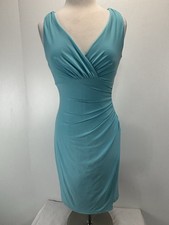 Lauren Ralph Lauren Dress Sz 6p Petite Aqua Blue Stretch Ruched Side Faux Wrap
