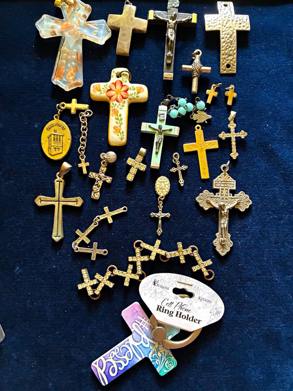 Religious lot  Cross & Crucifix  fossil coral glass ceramic Pray For Us Medal 