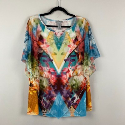 Catherines Poncho Duet Blouse Size 1X Rhinestone Stretch Floral Multicolor