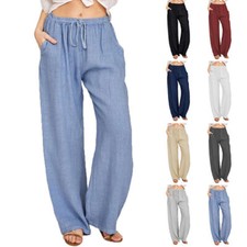 Womens Cotton Linen Trousers Wide Leg long Pants Ladies Elastic Waist Bottoms US