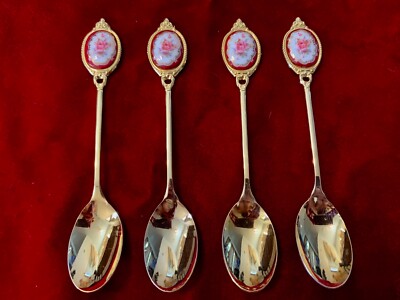 Serving Spoons Victorian Red Pink Flowers Stainless Steel Golden 1/4