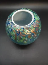Vintage handblown blue art glass bowl with multi colors gold flakes