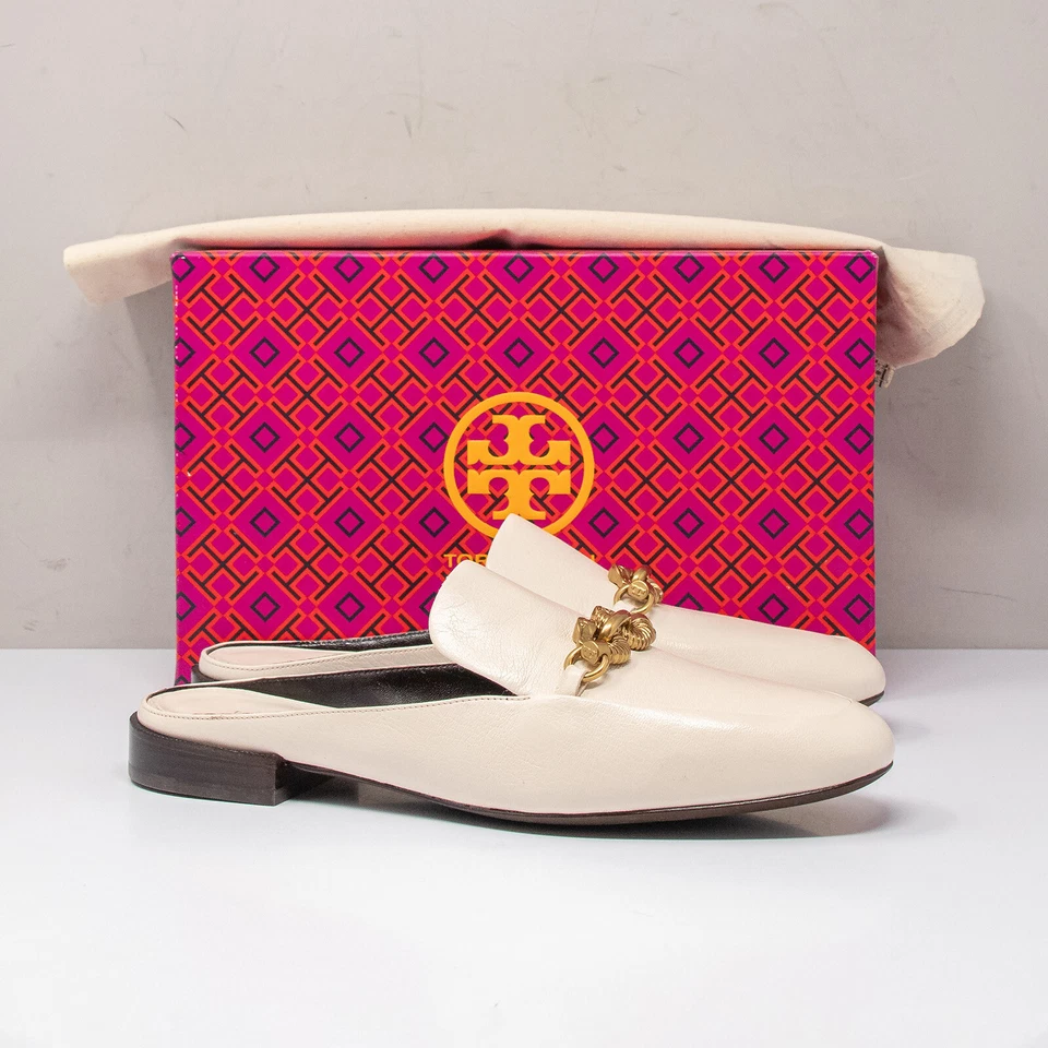 Mocasines Tory Burch Jessa Backless Cabeza de Caballo Hebilla Cuero Crema, Talla 7.5