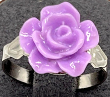 Ring. Silver Tone Band with Light Purple Rose Design. Size 7. Adjustable.