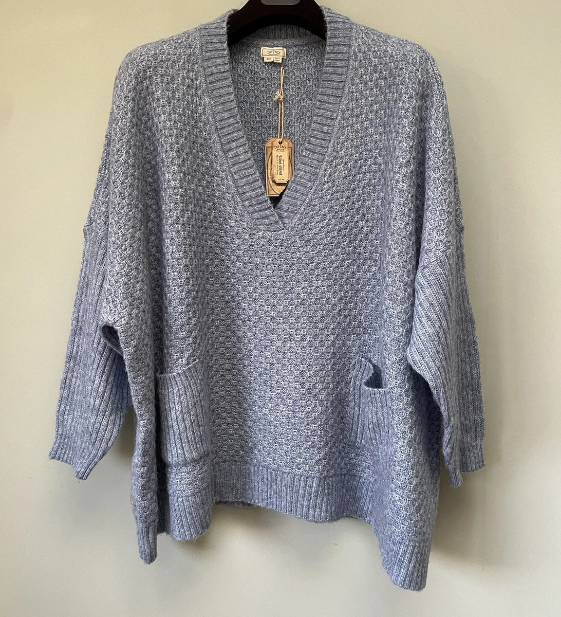 Fat Face Women s Pockets V neck Wool Blend Jumper Sweater Mid Blue