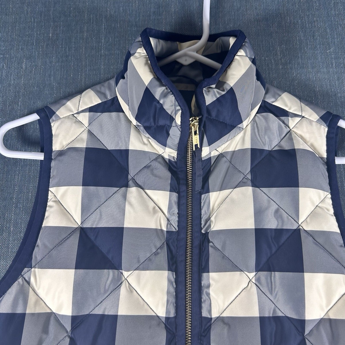 J Crew Womens Quilted Vest Blue White Checkered Full Zip