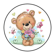 TEDDY BEAR FLOWERS HEARTS ENVELOPE SEALS LABELS STICKERS 1.5" ROUND PARTY FAVORS
