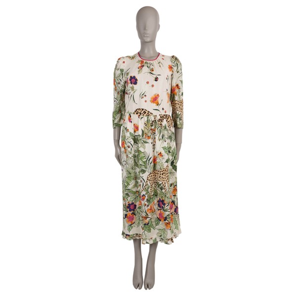 72152 Auth RED VALENTINO Cream Silk 2020 JUNGLE PRINT MIDI Dress 44 L