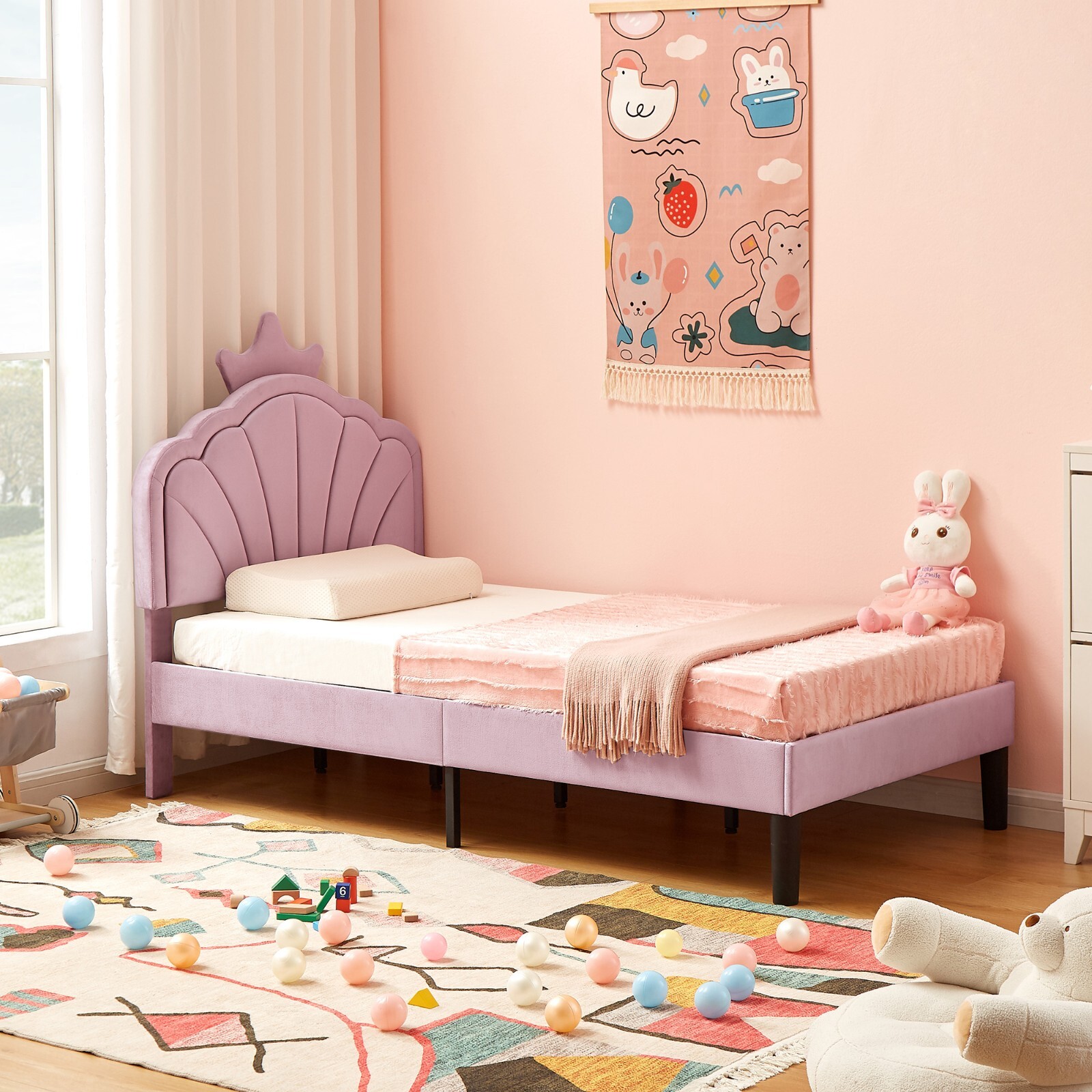 Princess Bed Frame with Crown Headboard Adjustable Height Upholstered Platform Bed-image