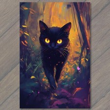 STICKER Black Cat Green Eyes Lying on Colorful Psychedelic Kitty Halloween
