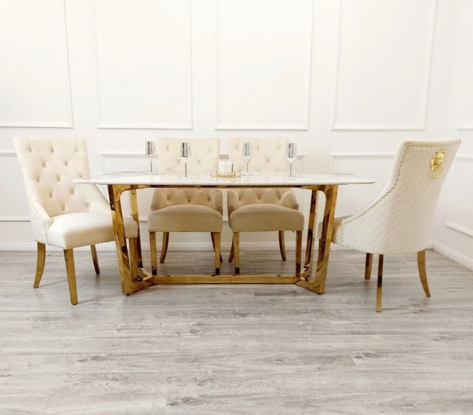 Lucia Luxury Italian 1.8m White Marble Stone Gold Dining Table NEW - Image 4 of 4