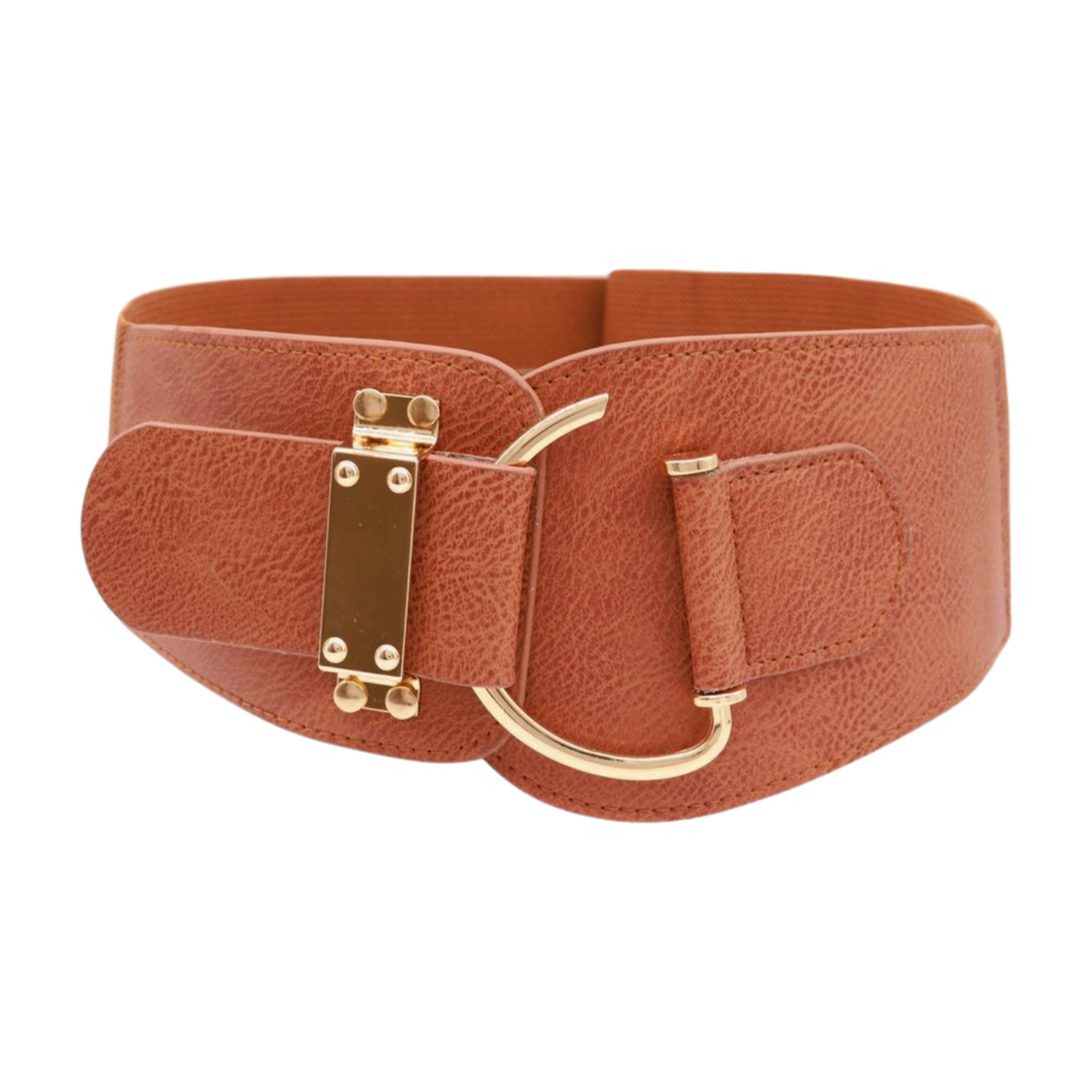 Women Brown Faux Leather Elastic Wide Belt Hip Waist Gold  display picture 1