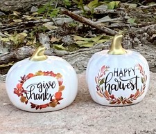 Ceramic Give Thanks Happy Harvest Pumpkins Table Decor Set of 2 white