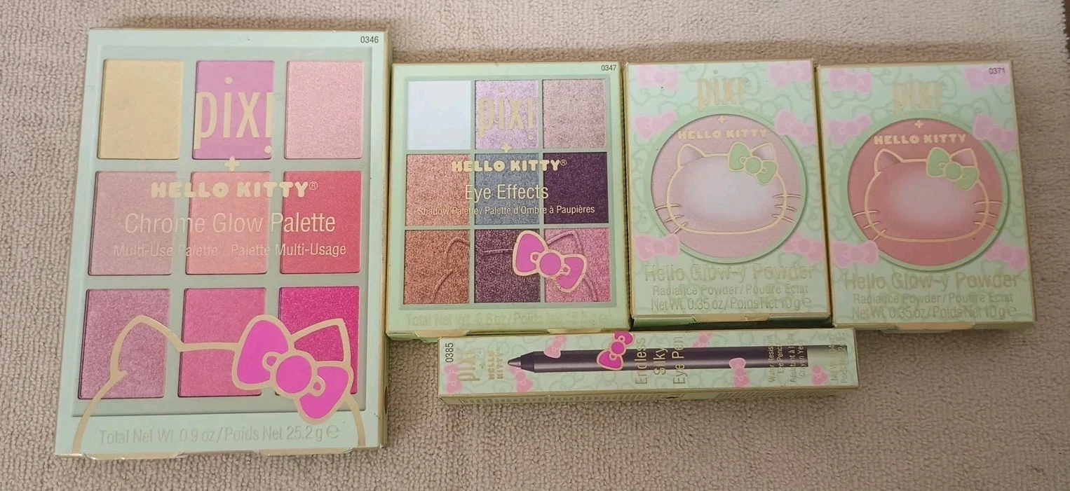 New Pixi Hello Kitty Makeup Kit Set Of 5 Pieces Chrome Palette Eye Effects Glowy
