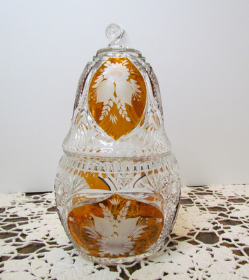 Julia Poland Clear to Amber Hand Cut Lead Crystal Pear Shape Candy Dish 11''