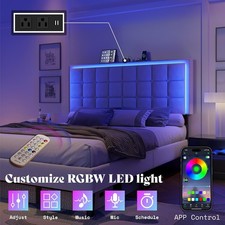 Full Size Button Tufted Platform Bed Frame with LED Lights with Charging Station