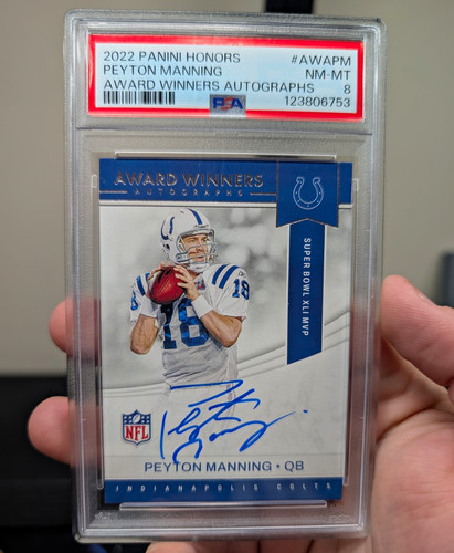 Peyton Manning On-Card Auto PSA 8 2022 Panini Honors Award Winners Colts