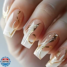 24Pcs White Curve Line Press on Nails Yellow Gradient Medium Square Fake Nail