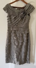London Times Women Size 8 Taupe Ruffle Cocktail Dress Rosette Cap Sleeve Party